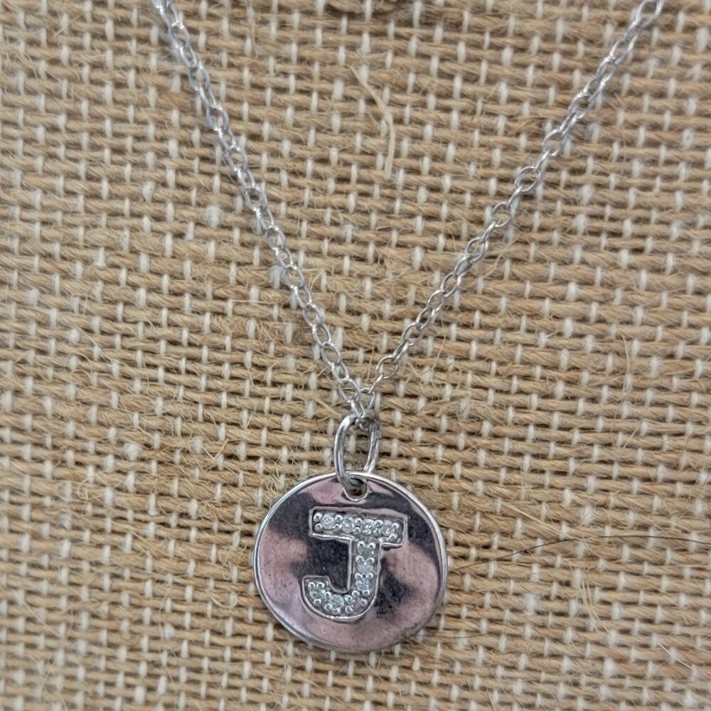J Pendant Necklace in Silver Tone Metal w CZ Accents